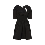 ganni夏季黑色棉质，法式甜美复古荷叶领女士收腰短袖连衣裙