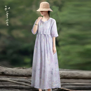 知笔墨夏款苎麻紫色，印花中长款连衣裙显瘦收腰加内衬茶人服裙子