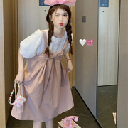 小个子奶系蝴蝶结粉色背带裙女2023夏季设计感显瘦可爱连衣裙套装