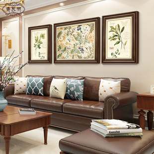 美式客厅装饰画中古风手绘油画沙发背景墙挂画法式复古壁画三联画