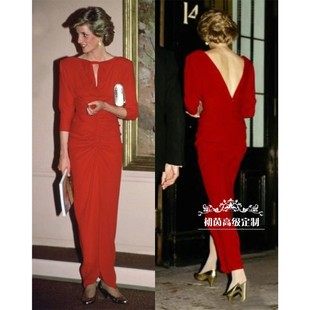 高级定制戴安娜王妃同款红色，露背连衣裙修身五分，袖优雅鱼尾礼服裙