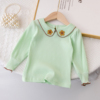 女童韩版纯色花朵打底衫儿童洋气坑条拼线娃娃领上衣宝宝长袖T恤3