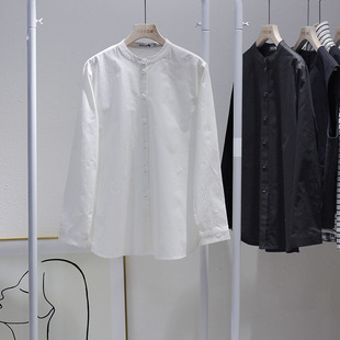 原创设计黑白色休闲立领衬衫，女款单排扣长袖洋气，小衫百搭上衣大码