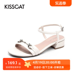 kisscat接吻猫夏季牛皮，金属低跟一字带，简约时装凉鞋女ka21302-13