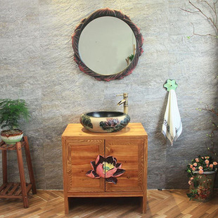 现代简约中式洗手台浴室柜复古实木卫浴柜，落地洗手盆柜组合小户型