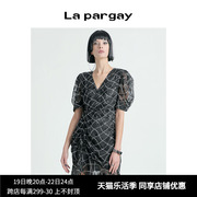 Lapargay纳帕佳复古优雅蝴蝶印花连衣裙女V领收腰泡泡袖黑色裙子