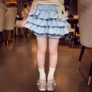 女童蛋糕裙夏装2024洋气儿童，蓝色半身短裙女孩蓬蓬裙公主裙裤