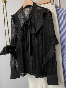 黑色设计感木耳边长袖蕾丝衫雪纺，背心两件套时尚，休闲洋气f∮29