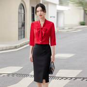 红色雪纺衬衫女夏季薄款蝴蝶结高端上衣气质业务员职业装衬衣套装