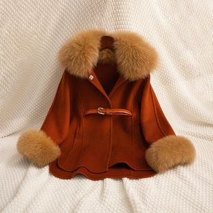 2024羊毛双面羊绒大衣，女童儿童腰带狐狸毛领，呢外套冬季中大童