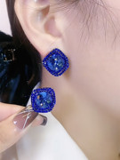 高级克莱因蓝色水晶耳钉，女轻奢气质百搭显白耳环，简约时尚银针耳饰