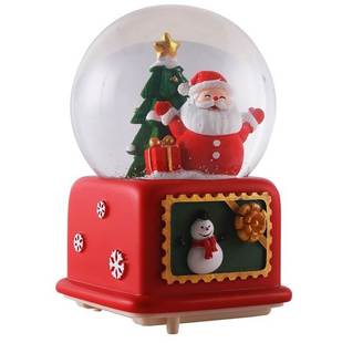 圣诞树水晶球旋转飘雪花，圣诞节音乐盒圣诞老人，自动发光八音盒圆球