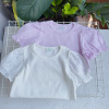 韩国单 弹力棉 蕾丝泡泡袖百搭短袖T恤 洋气 白色紫 宝宝休闲上衣