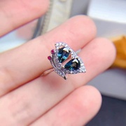 天然蓝宝石戒指蝴蝶款925银镶嵌晶体干净设计感女戒订婚结婚指环