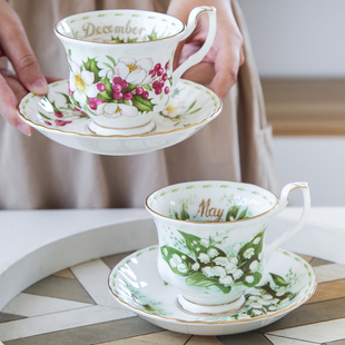 骨瓷复古月份花卉咖啡杯 下午茶杯碟 创意红茶欧式金边中古陶