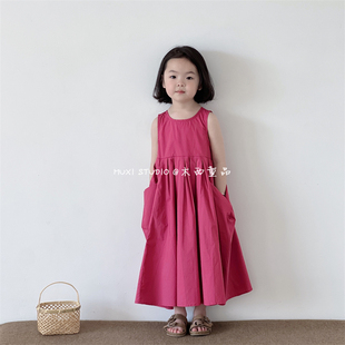 木西童品2024夏韩国版女童洋气玫红无袖连衣裙可爱娃娃公主长裙