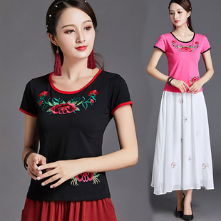 民族风女装短袖t恤女 夏季 中国风绣花修身显瘦刺绣半袖上衣