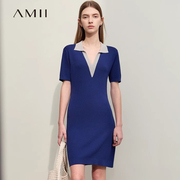 Amii短袖修身V领针织连衣裙2024女夏小个子显高显瘦紧身短裙