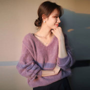 欧货春秋季女紫色软糯羊绒衫小众设计感慵懒风复古马海毛V领针织