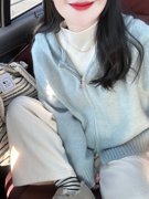 连帽针织开衫女2024春季韩版双拉链设计感短款毛衣裤子套装两件套