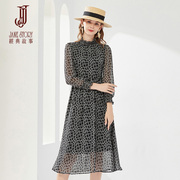 黑色雪纺连衣裙女秋季2023法式洋气长袖设计感不规则格子裙