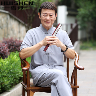 唐装中老年男士夏季薄款短袖套装，50岁60外公，中山装父亲中国风衣服