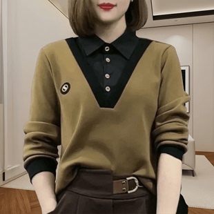 新中式衬衫春季假两件polo领套头，长袖上衣洋气复古打底衫女士