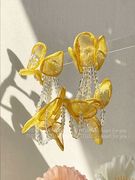 （送一）法式雪纺纱花朵超仙水晶耳环小众夸张度假风设计耳夹