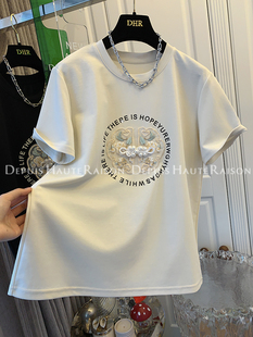 DHR新中式刺绣盘扣珍珠短袖T恤上衣女内搭外穿2024春夏小个子