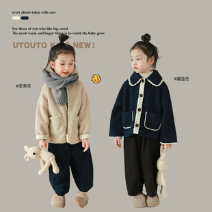 utouto大耳象女童碎花边，毛绒外套2023冬季儿童时髦外套个性