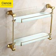 浴室铜金色椭圆形双层玻璃置物架卫生间收纳架，挂件五金卫浴挂件