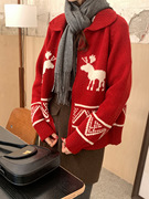 圣诞麋鹿翻领提花红色毛衣外套，女冬韩系百搭减龄复古撞色针织开衫