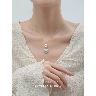 天然石贝壳(石贝壳，)吊坠项链女款简约复古中式时尚，气质个性锁骨链颈链