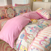 100全棉儿童床上四件套，纯棉儿童春季床品女孩，粉色被套床单三件套
