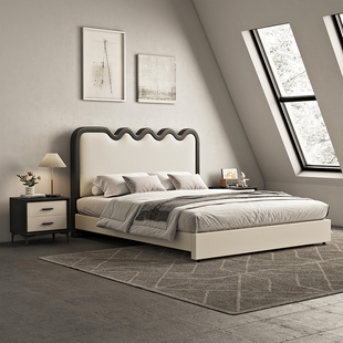 头层真皮艺床意式极简1米8主卧室，单双人床简约现代实木涟漪床