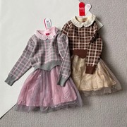女童针织套头毛衣蓬蓬纱裙翻领连衣裙子儿童宝宝中大童套装两件套