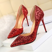 法式高跟鞋夏红色(夏红色)水晶鞋，婚鞋细跟浅口尖头小众侧镂空大码女鞋