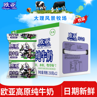 绿色食品欧亚高原全脂纯牛奶250g*12袋/箱早餐大理乳制品