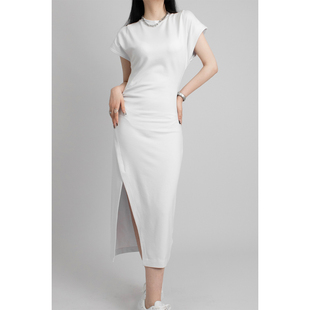 小众高级感白色开叉连衣裙女T恤裙2023夏季修身显瘦裙子收腰长裙