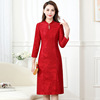 提花红色中长款中式优雅时尚，礼服裙春款七分袖修身洋气连衣裙