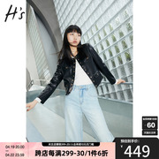 HS奥莱2023秋季黑色机车风皮衣外套女装经典pu皮复古短款上衣