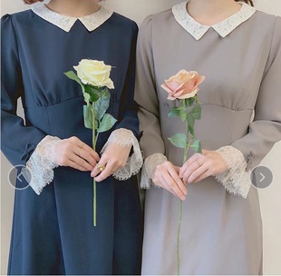 fint春夏蕾丝领和袖小礼服正式场合，西装深蓝色连衣裙日本原单