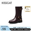 kisscat接吻猫2023冬季时尚，加绒复古牛皮靴，增高休闲骑士靴女
