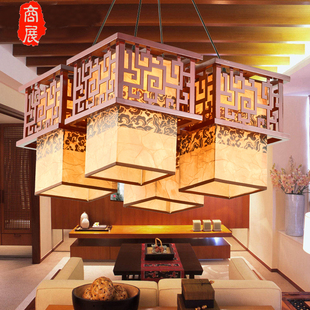 新中式实木羊皮吊灯长方形餐厅灯具，饰简约现代中国风茶室古典火锅