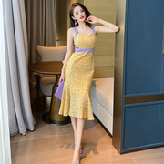 2024夏季女法式设计感黄色碎花，连衣裙无袖吊带长款裙子10577