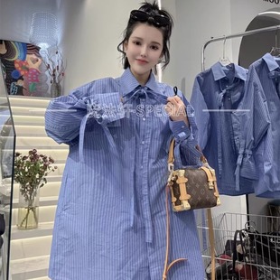 现货条纹衬衫女长袖2025春季新款翻领蝴蝶结中长款宽松上衣q