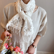 日系复古棉线镂空长款围巾，女文艺森系蕾丝绣花气质流苏装饰围脖薄