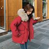 红色羽绒服女短款2023年冬季韩版大毛领，小个子加厚羽绒外套潮