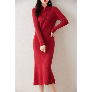100%纯羊毛新中式旗袍立领复古红色长款羊绒连衣裙货号DYRT988140