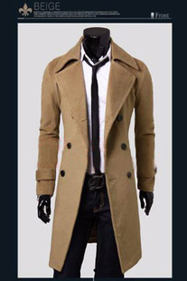 冬季时尚韩风男士毛呢大衣修身男风，衣长款呢子外套双排扣男装